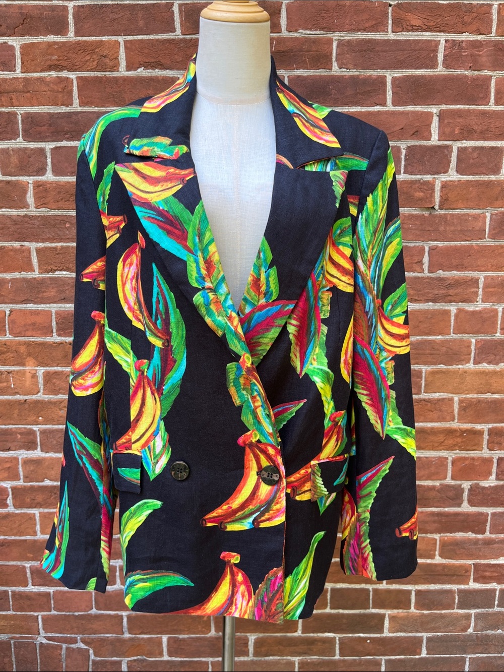 FARM Rio Black Preta Tropical Banana Print Linen Blazer